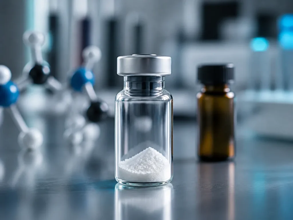 PT-141 (Bremelanotide) Peptide research peptide powder in laboratory vial